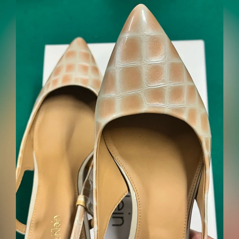 Calvin Klein Beige Croc-Embossed Slingback Heels
